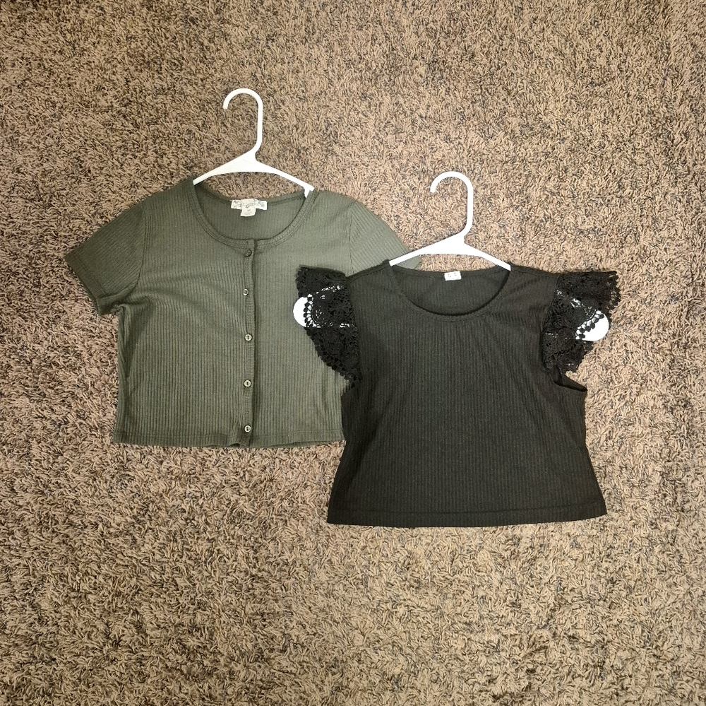 Lot of 2 SHEIN and Knitworks Kids' Green and Black Ribbed Shirts Size 8-9
